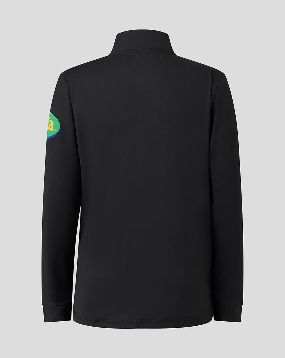 Back view of a black Leicester Tigers training quarter zip jacket with a high collar