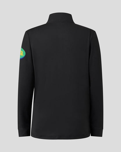 Back view of a black Leicester Tigers training quarter zip jacket with a high collar