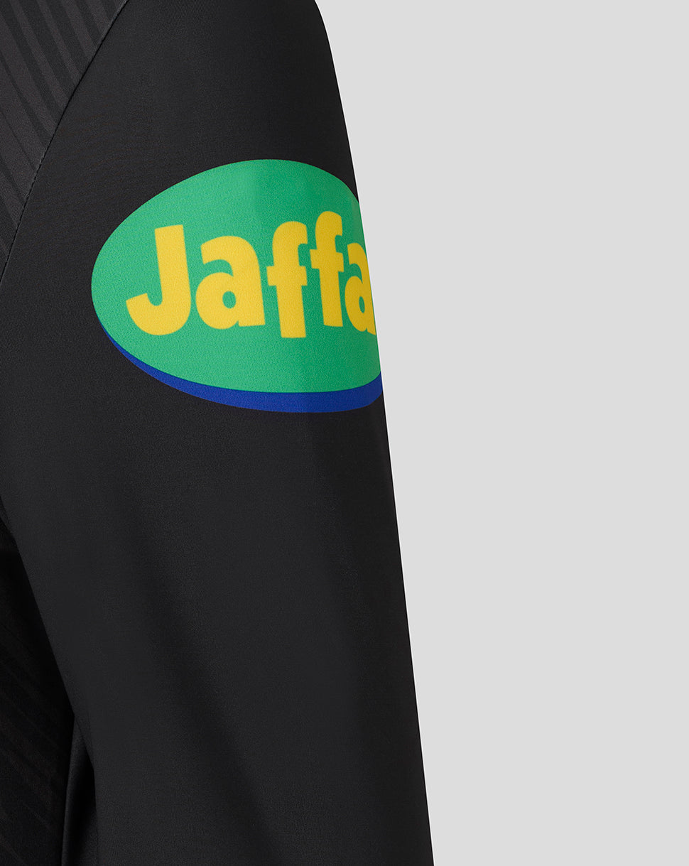 Close up of black Leicester Tigers junior training jacket sleeve with a green oval Jaffa sponsor logo