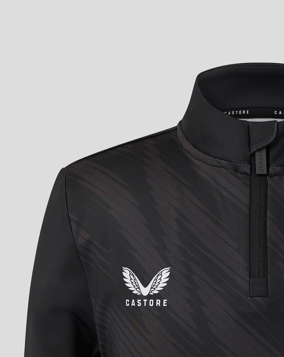 Close up of collar and zipper on black Leicester Tigers Junior training quarter zip with tiger crest and Breedon branding