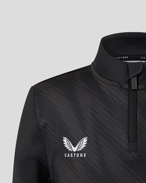 Close up of collar and zipper on black Leicester Tigers Junior training quarter zip with tiger crest and Breedon branding