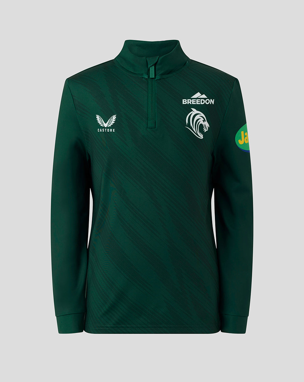 Front view of dark green Leicester Tigers junior training quarter zip jacket with chest logos.