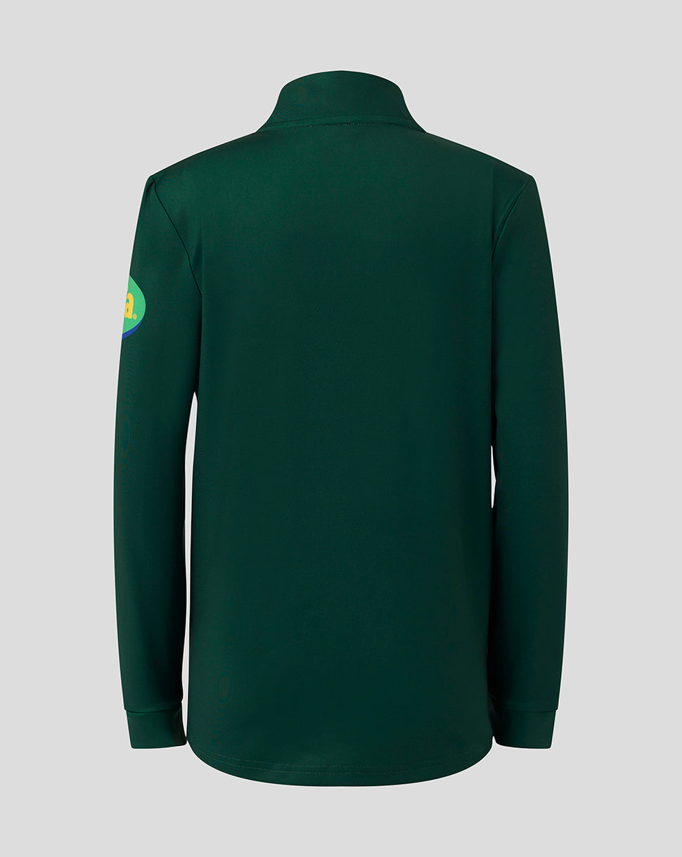 Back view of the dark green Leicester Tigers Junior training jacket showing smooth back panel.