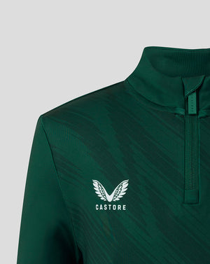 Close up of dark green Leicester Tigers junior training jacket showing collar zipper and Castore logo on chest.