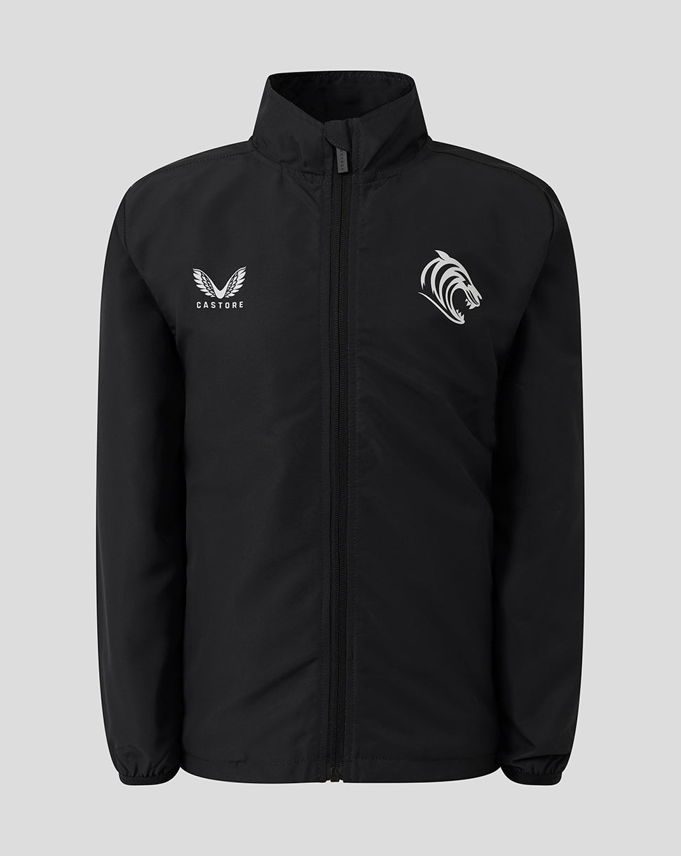 Front view of black Leicester Tigers Junior 25/26 Woven Pre Match Jacket with full zip and logos on chest