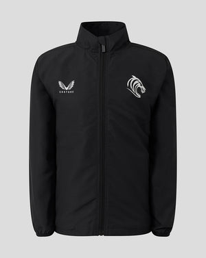 Front view of black Leicester Tigers Junior 25/26 Woven Pre Match Jacket with full zip and logos on chest