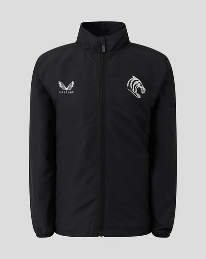 Front view of black Leicester Tigers Junior 25/26 Woven Pre Match Jacket with full zip and logos on chest