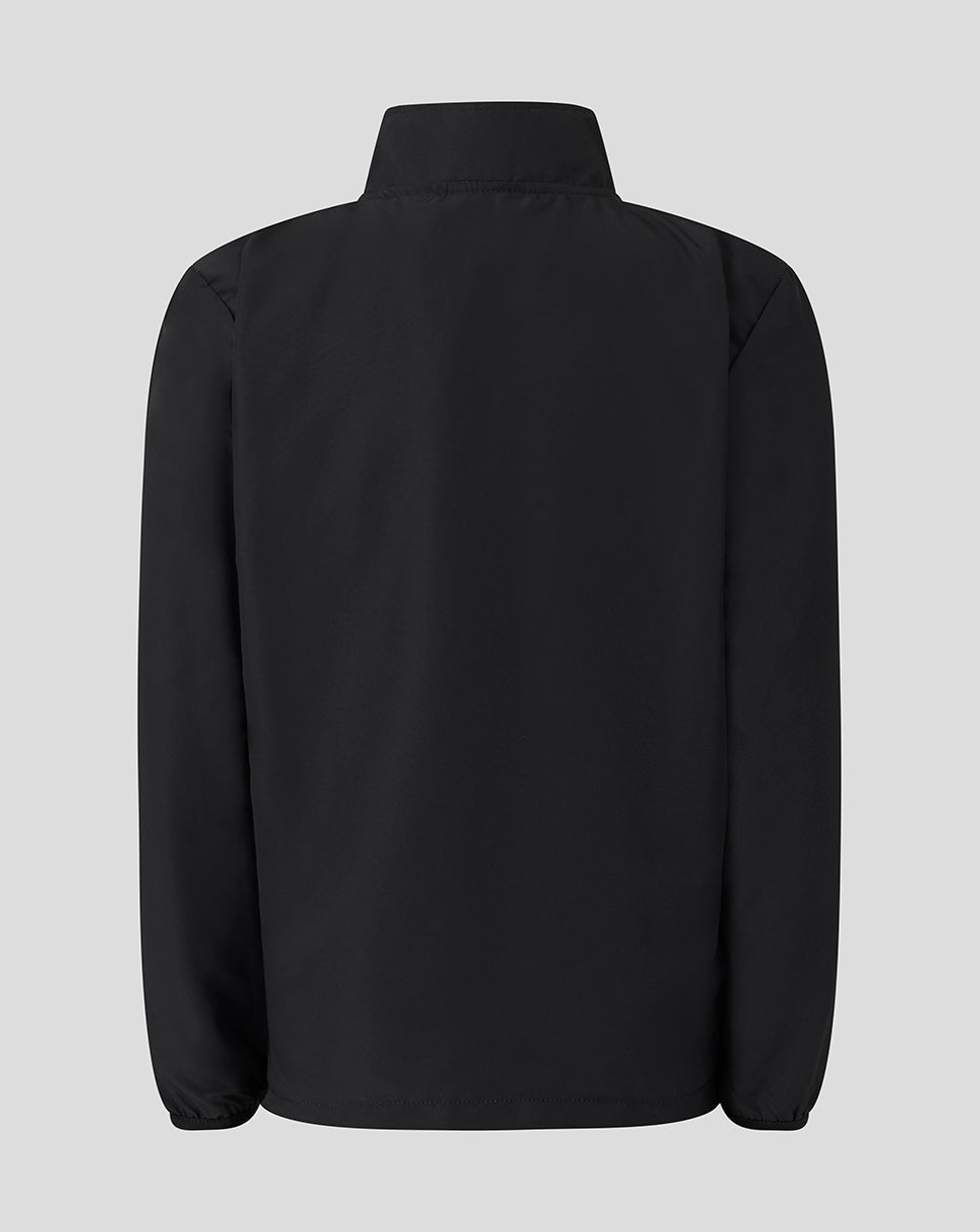 Back view of the black Leicester Tigers Junior woven pre match jacket with collar