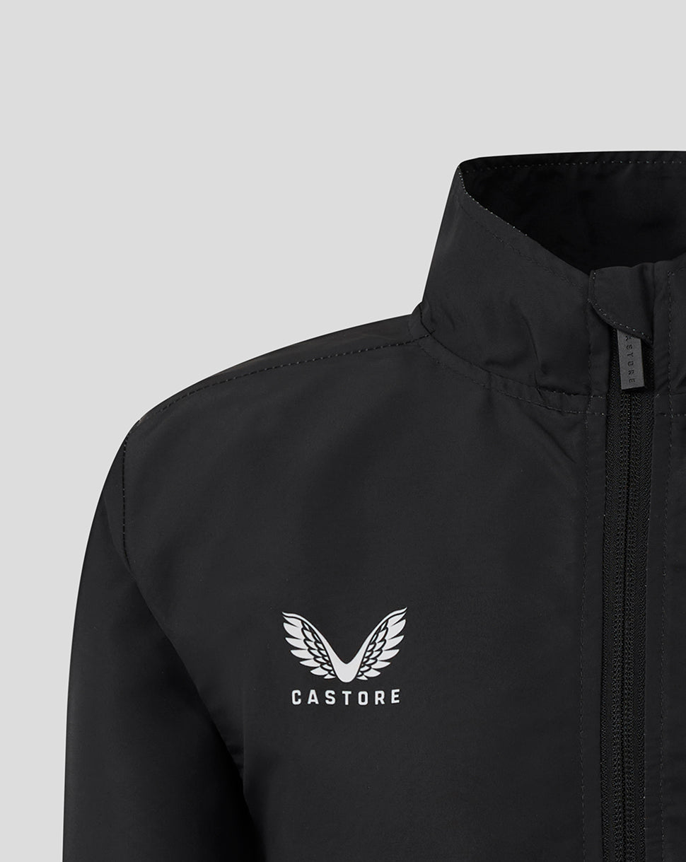 Close-up of black Leicester Tigers Junior Woven Pre Match Jacket showing Castore logo on left chest and tiger emblem on right chest