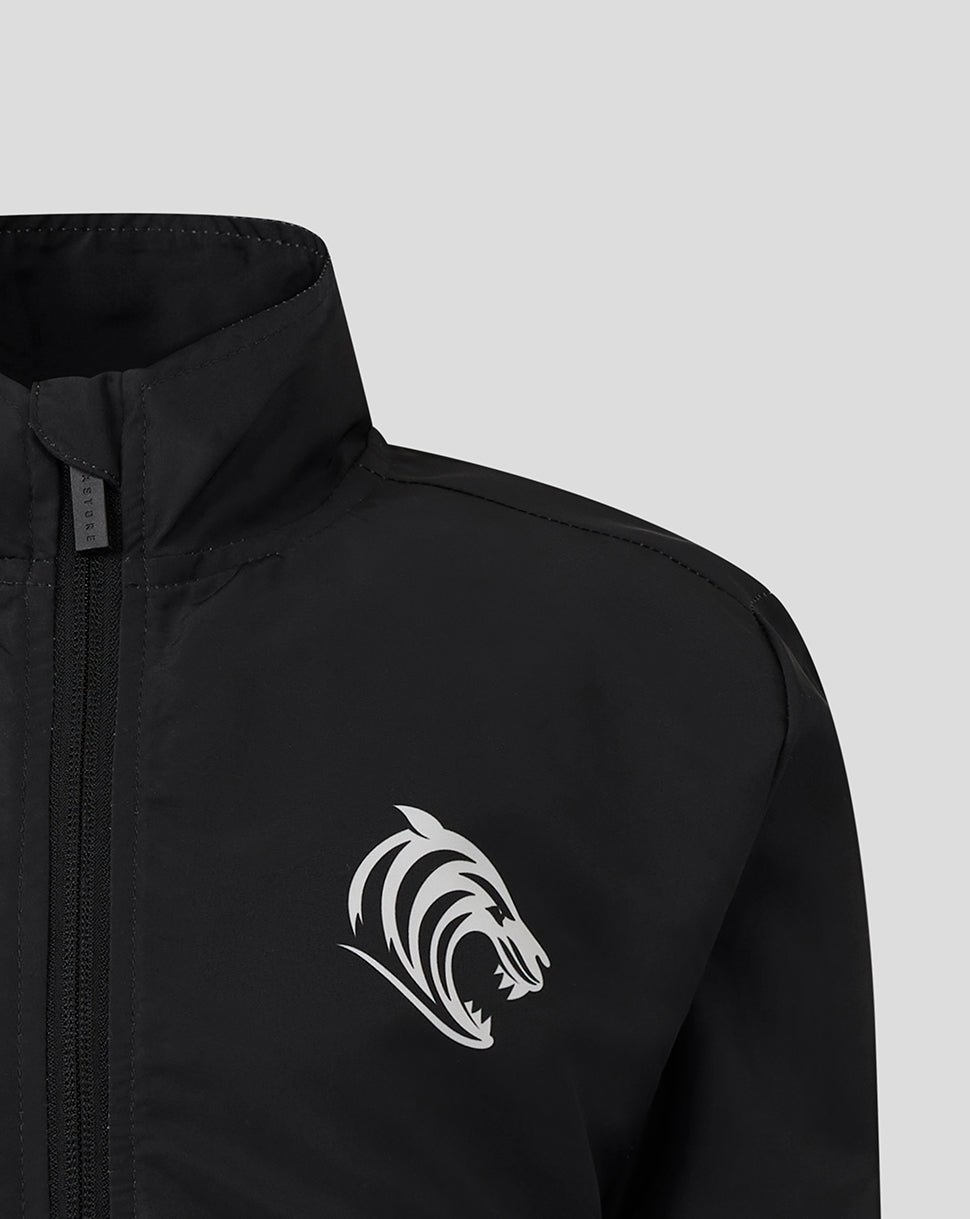 Black Leicester Tigers Junior woven pre match jacket with silver tiger crest on chest