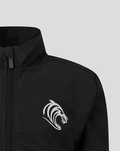 Black Leicester Tigers Junior woven pre match jacket with silver tiger crest on chest