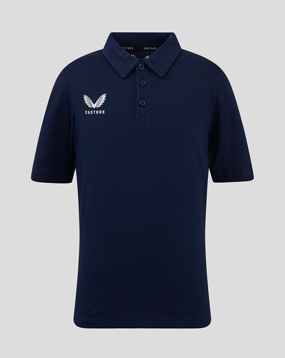 Navy short sleeve polo shirt with button placket and Castore wing logo on chest