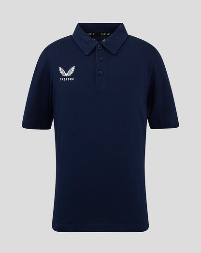 Navy short sleeve polo shirt with button placket and Castore wing logo on chest