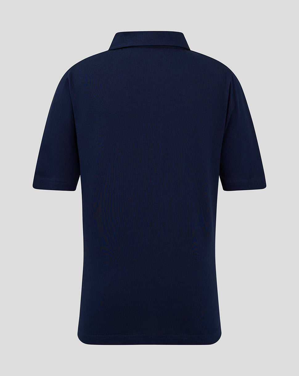 Back view of a navy polo shirt with short sleeves and classic collar.