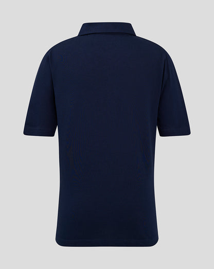 Back view of a navy polo shirt with short sleeves and classic collar.