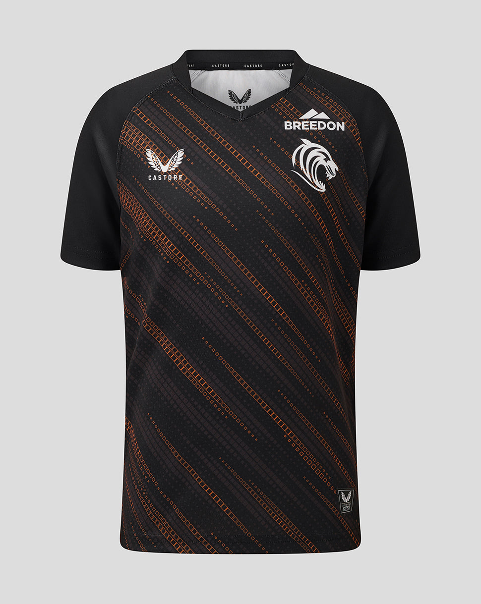 Leicester Tigers junior warm up jersey in black with orange diagonal pattern and tiger head emblem