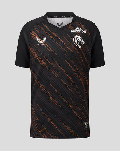 Leicester Tigers junior warm up jersey in black with orange diagonal pattern and tiger head emblem