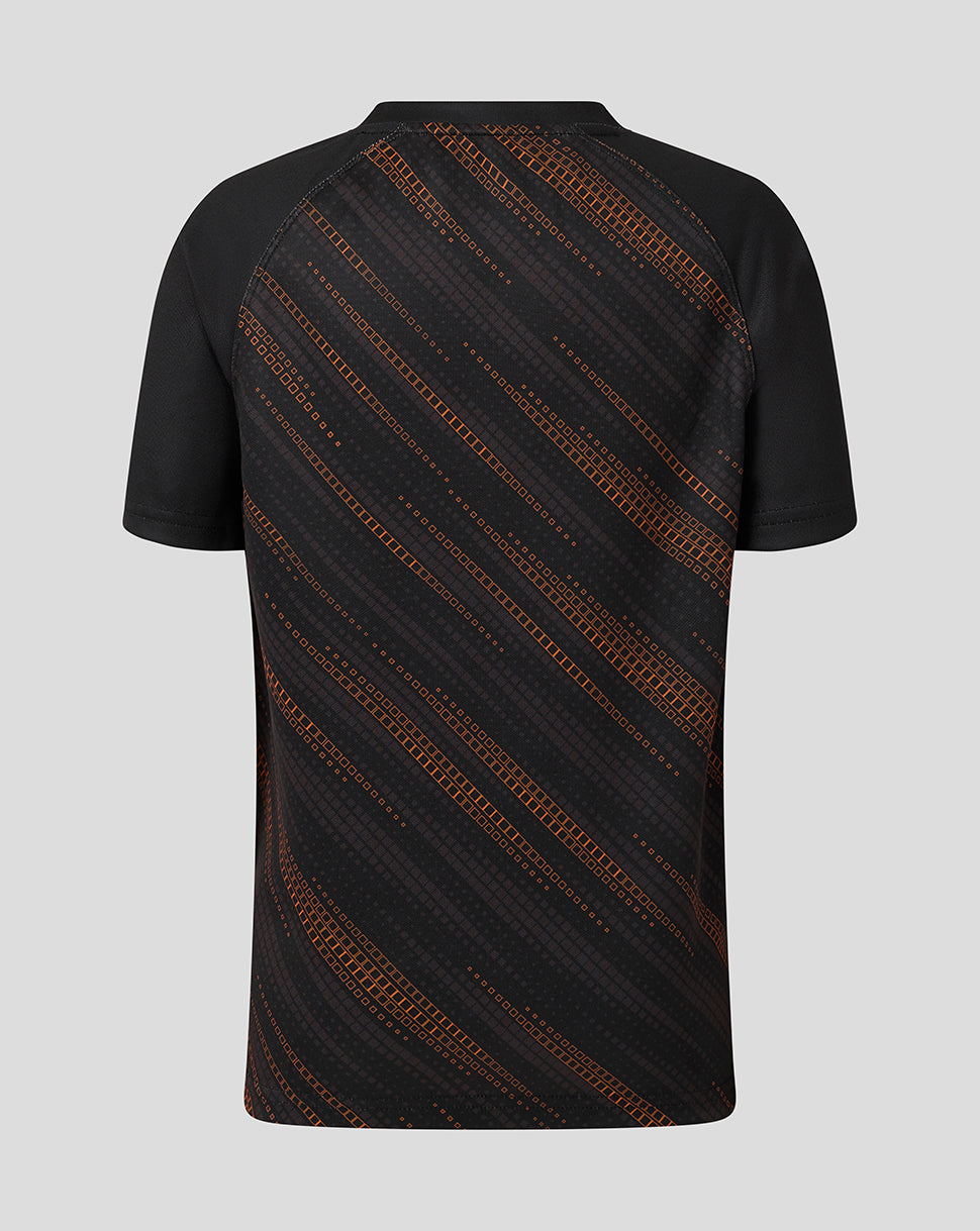 Back view of Leicester Tigers Junior 25/26 Warm Up Jersey in black with orange diagonal stripes