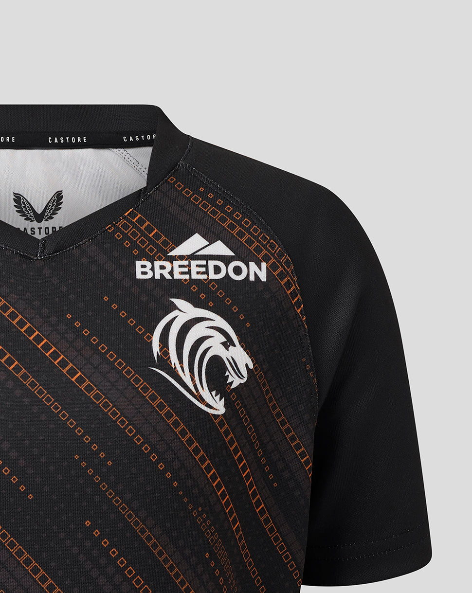 Black Leicester Tigers junior warm up jersey featuring Breedon sponsor logo and tiger head emblem