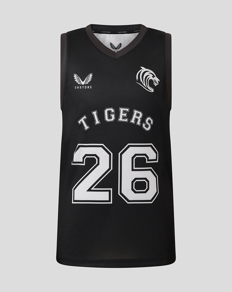 Front view of black junior basketball vest with 26 and TIGERS lettering and white tiger crest
