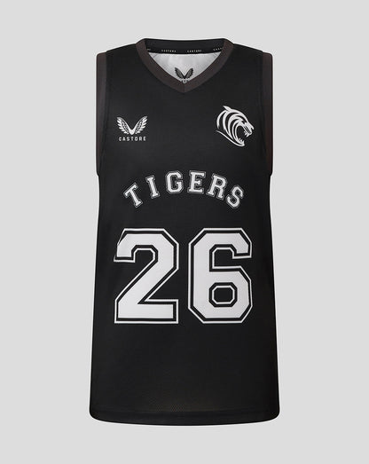 Front view of black junior basketball vest with 26 and TIGERS lettering and white tiger crest