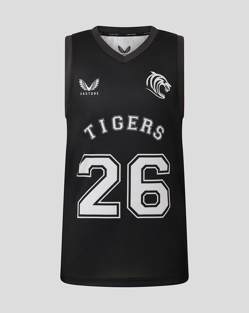 Front view of black junior basketball vest with 26 and TIGERS lettering and white tiger crest