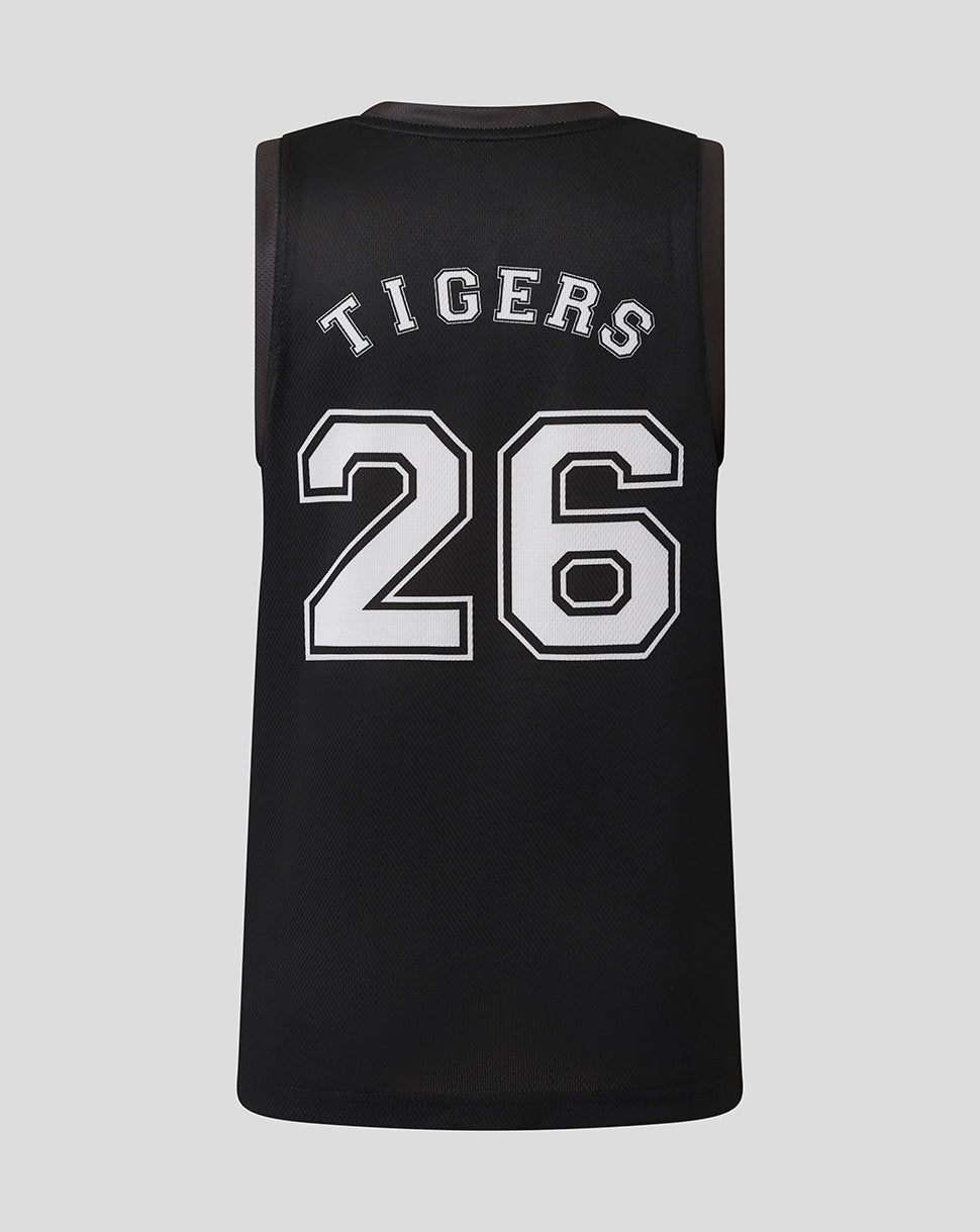 Back view of black Leicester Tigers junior training vest showing TIGERS arch and large white 26.