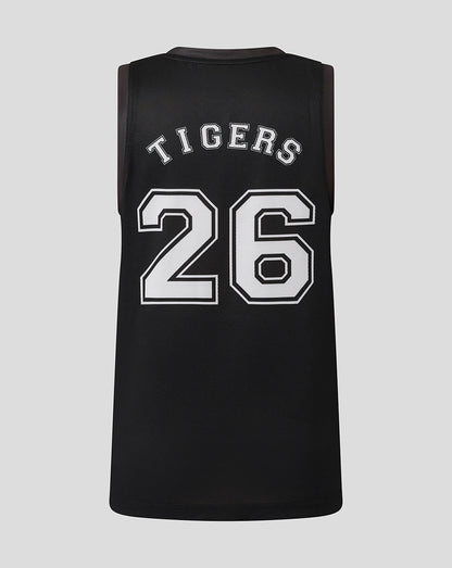 Back view of black Leicester Tigers junior training vest showing TIGERS arch and large white 26.