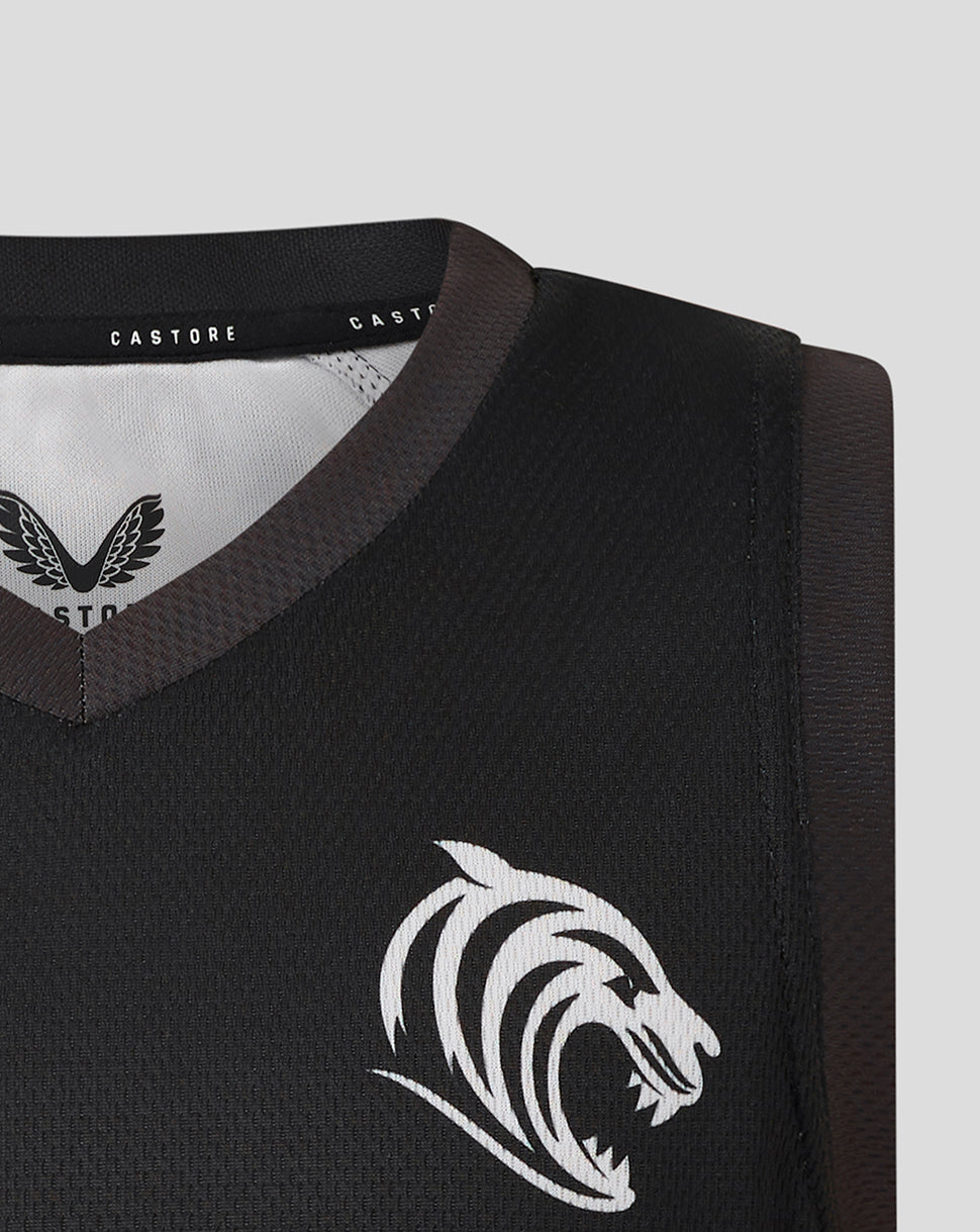 Close up of black Leicester Tigers training vest with brown V neck trim and white tiger emblem.