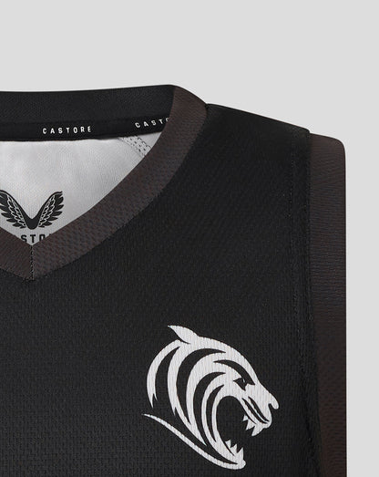 Close up of black Leicester Tigers training vest with brown V neck trim and white tiger emblem.