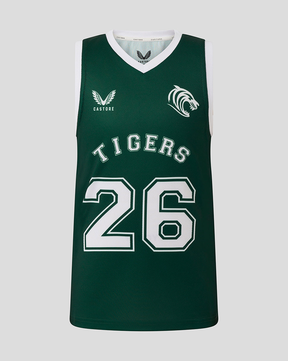 Junior green Leicester Tigers basketball vest with white trim and large 26 on the front.