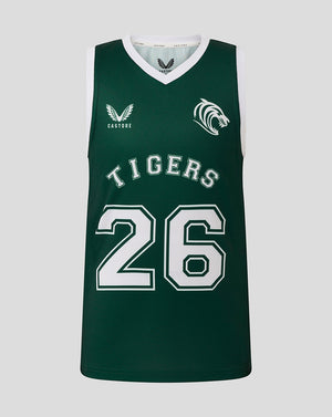 Junior green Leicester Tigers basketball vest with white trim and large 26 on the front.