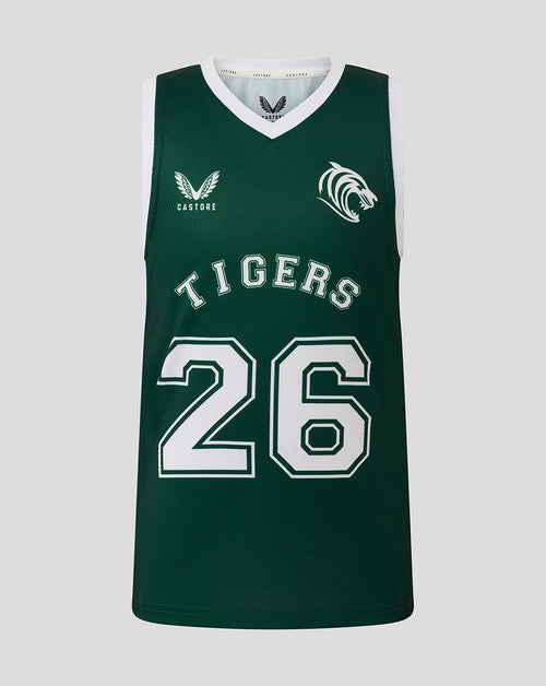 Junior green Leicester Tigers basketball vest with white trim and large 26 on the front.