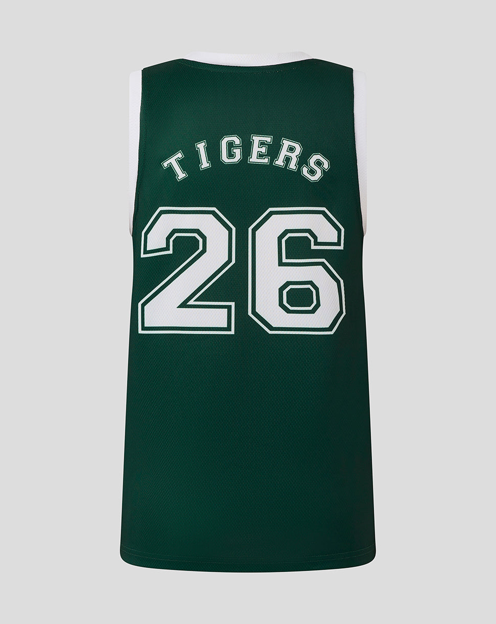Back view of the green Tigers training vest with TIGERS lettering and the number 26 in white