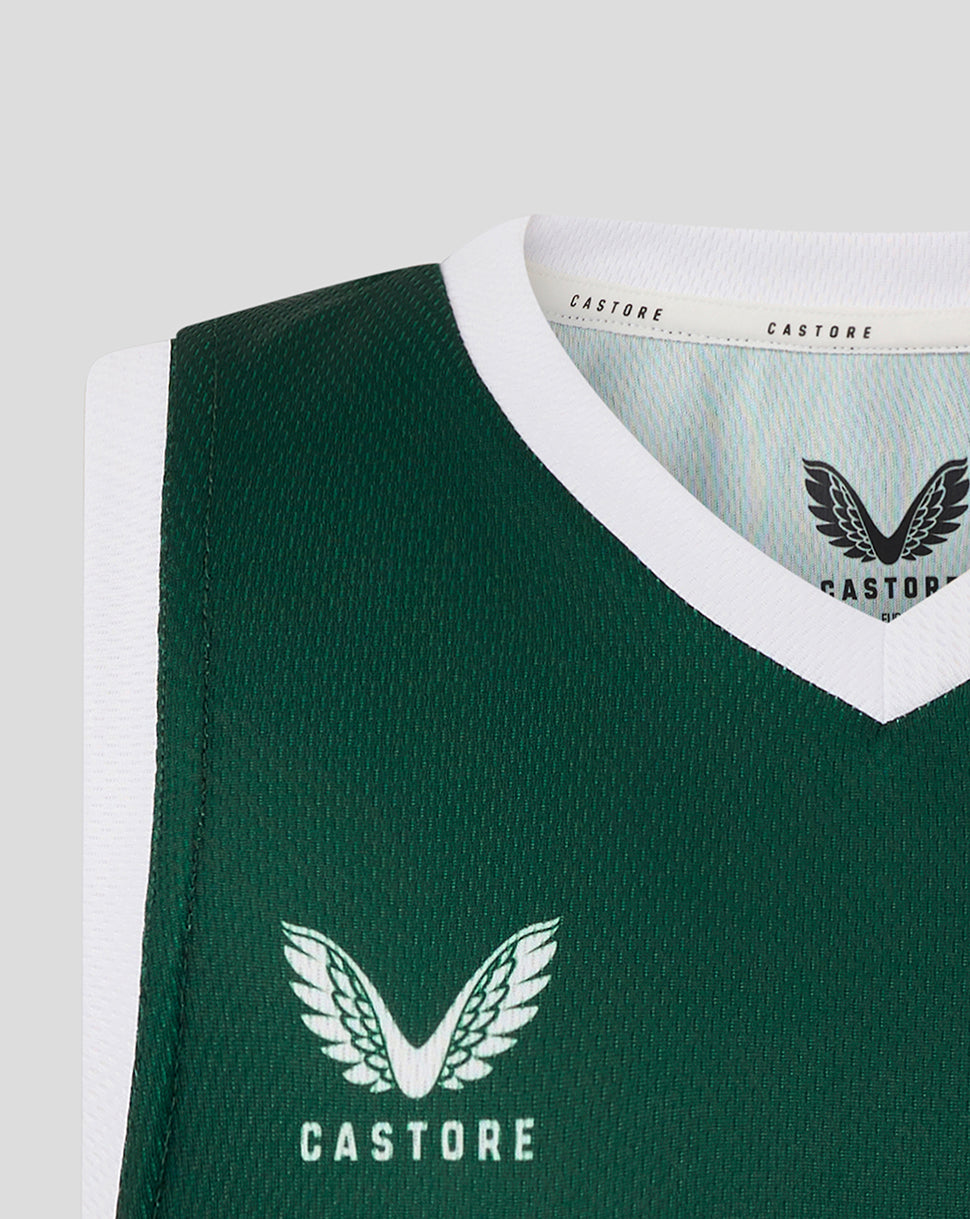 Close-up of botanical green Leicester Tigers junior vest neckline with white trim and textured fabric.