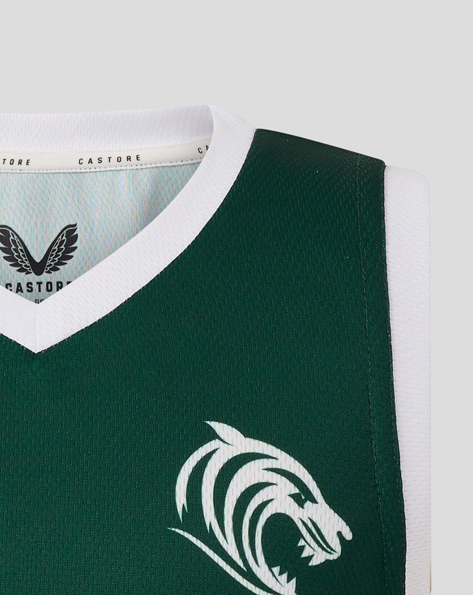 Close-up of a green Leicester Tigers junior training vest with white V-neck trim and tiger logo