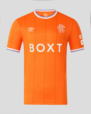 Bright orange Rangers infant fourth shirt with Umbro logo and club crest and large BOXT sponsor on front