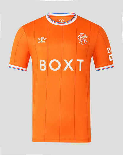 Bright orange Rangers infant fourth shirt with Umbro logo and club crest and large BOXT sponsor on front