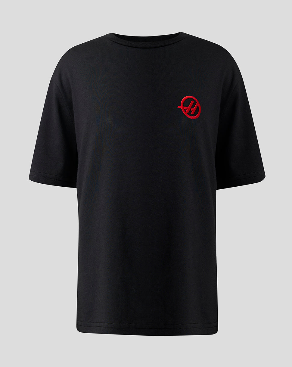 Haas Team Junior Monogram Linear Back Graphic T Shirt in black with red left chest logo