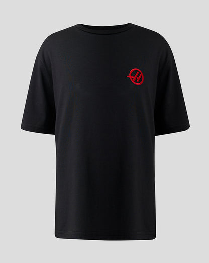 Haas Team Junior Monogram Linear Back Graphic T Shirt in black with red left chest logo