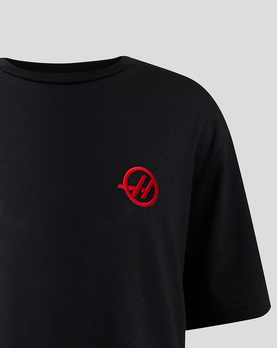Black Haas Team Junior Monogram T-shirt with red embroidered circular monogram on the chest