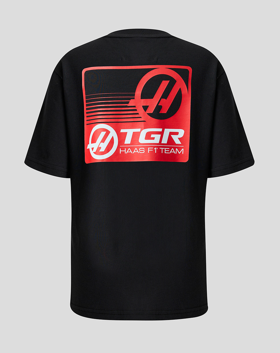 Back view of black Haas Team Junior T Shirt with large red TGR Haas Team logo