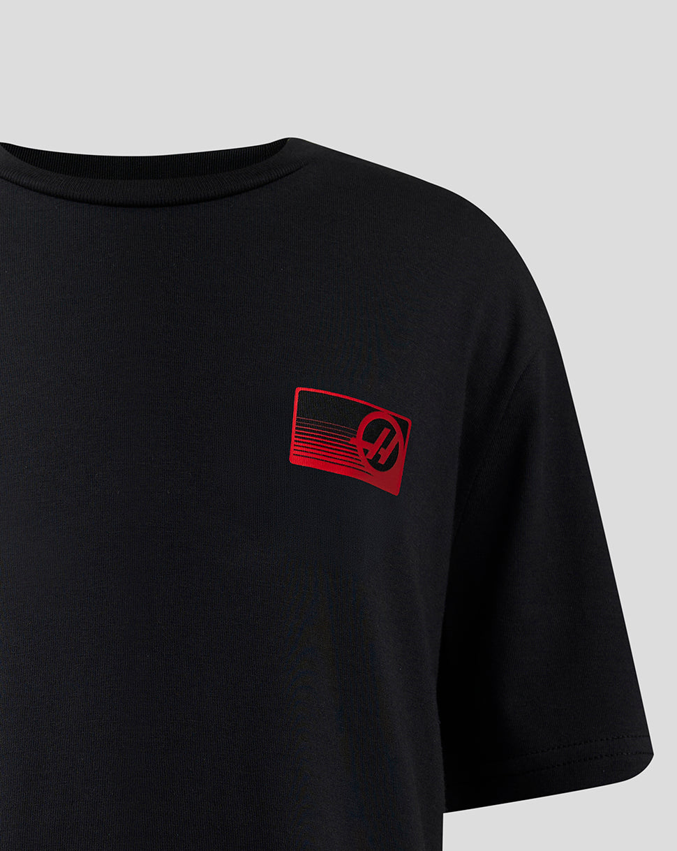Black Haas Team Junior T shirt with red left chest logo and ribbed collar