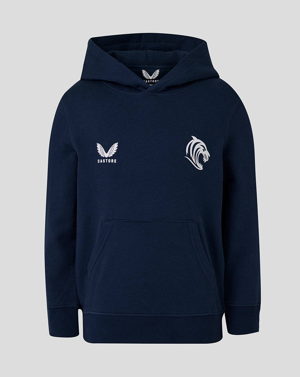 Junior Leicester Tigers navy hoodie with tiger crest on the chest and Castore logo