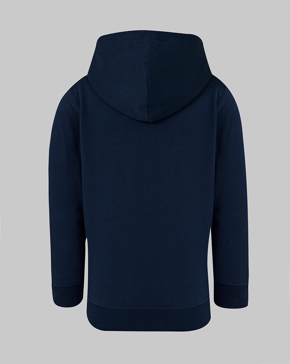 Back view of navy junior travel hoodie with hood and clean silhouette.