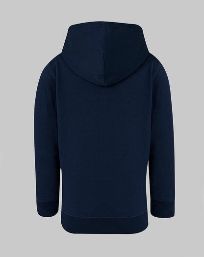 Back view of navy junior travel hoodie with hood and clean silhouette.