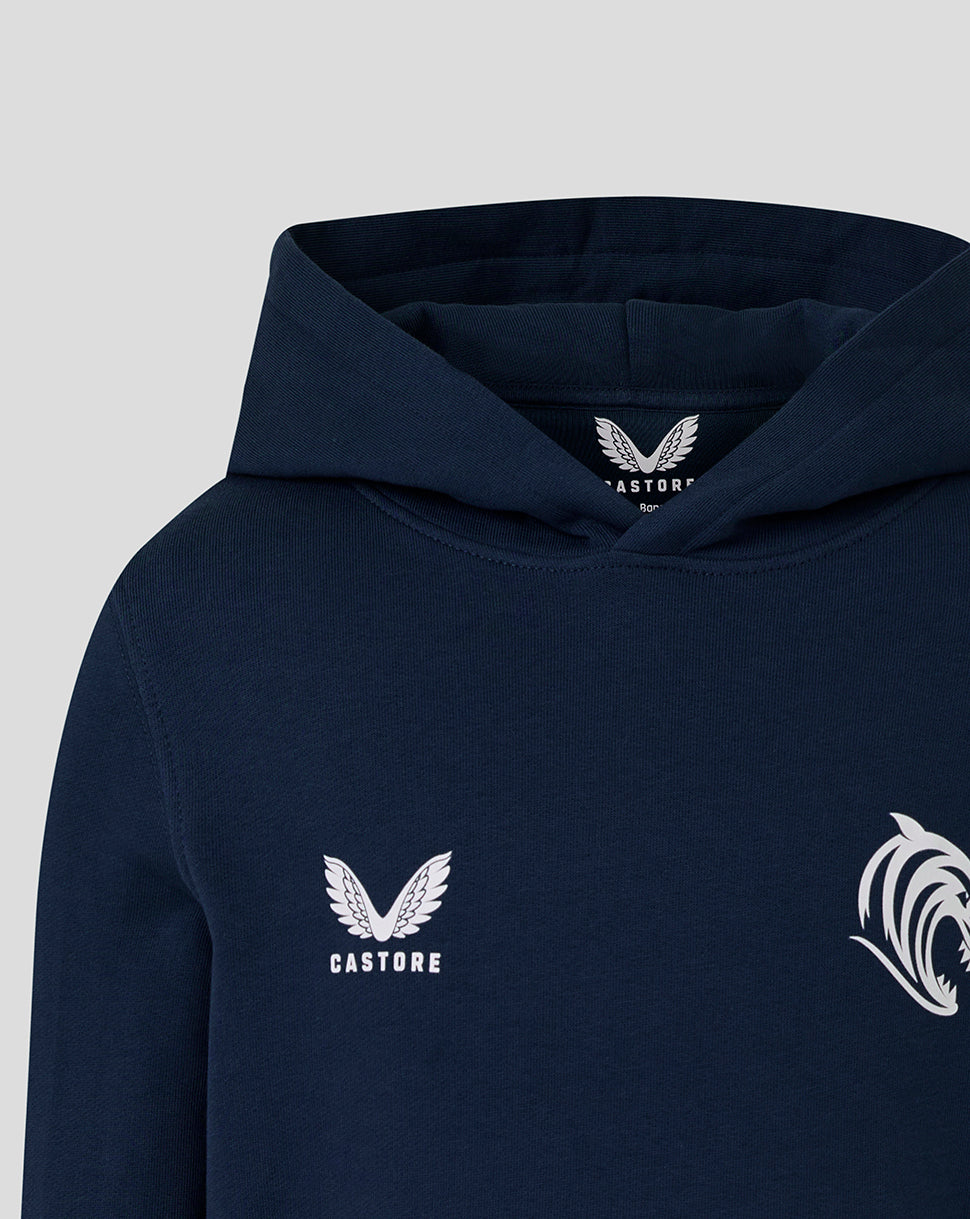 Leicester Tigers junior navy brushed back hoodie with Castore logo on the left chest and a tiger emblem on the front.