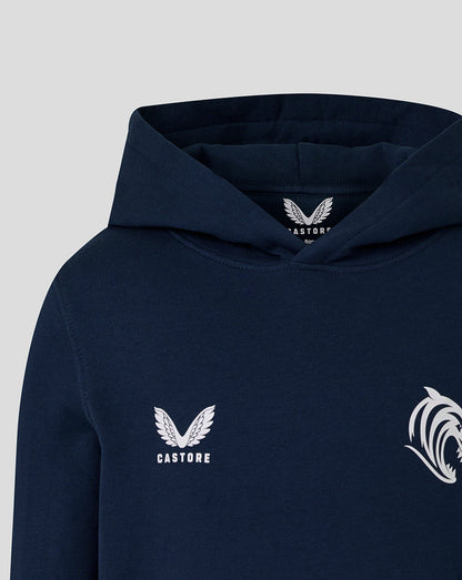 Leicester Tigers junior navy brushed back hoodie with Castore logo on the left chest and a tiger emblem on the front.