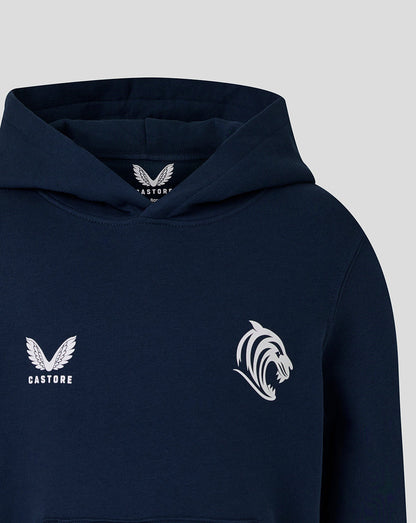 Close up of navy Leicester Tigers hoodie showing tiger crest and Castore logo on the chest