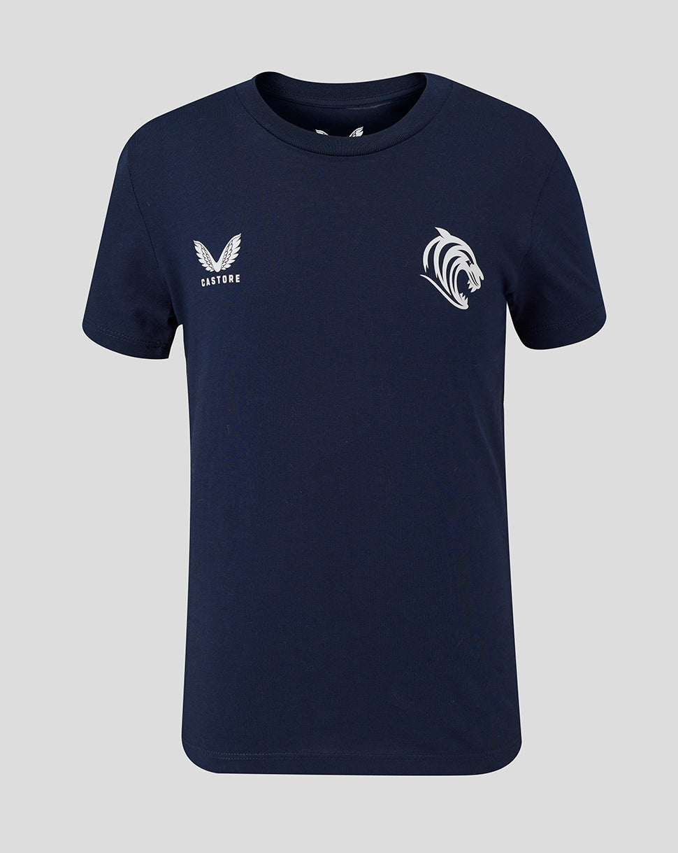 Navy Leicester Tigers junior travel cotton T shirt with white tiger crest on the chest and Castore branding